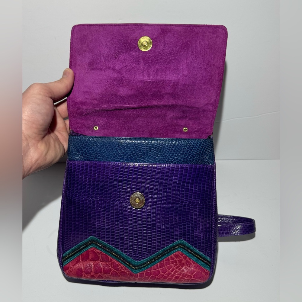 Sharif Crossbody‎ Multicolor Genuine Exotic Animal Skin Snap Bag Woven Vintage - Picture 7 of 10